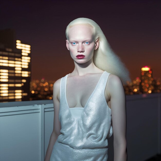 Generatieve ai portret mooie albino vrouw modieuze poseren buiten stad op zoek glamoureuze camera