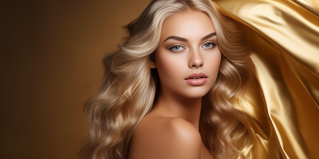 Foto generatieve ai portret van mooi model met blond haar in gouden kleuren