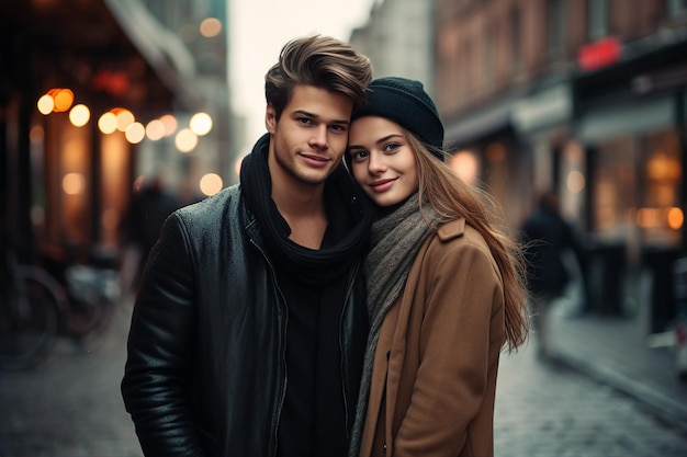 Generatieve AI-portretfoto van een aantrekkelijk, teder jong echtpaar dat door een regenachtige stad reist