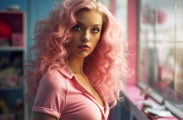 Generatieve AI portretillustratie van mooi blond Barbiemeisje gekleed in roze