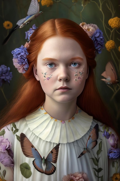 Generatieve AI portretillustratie van mooi meisje met vogels en bloemen in haar haarjong meisje met kleurrijke make-up en vogel
