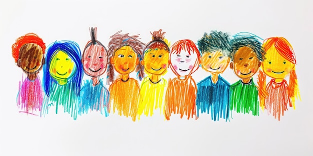 Generatieve AI Potloodgetekende kunst door naïeve kinderen, illustratie van verschillende multi-etnische mensen
