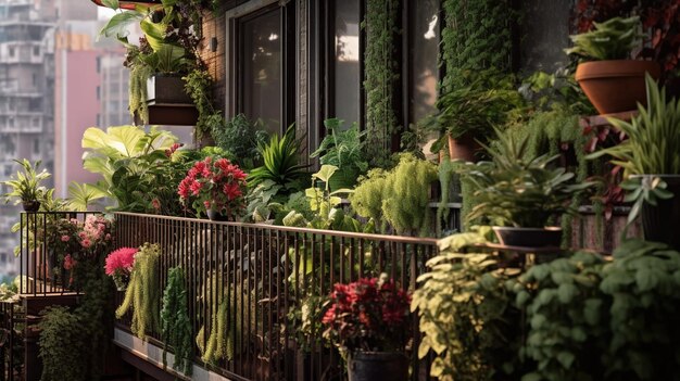 Generatieve AI prachtige balkon omringd door een tropische tuin met bloeiende bloemen