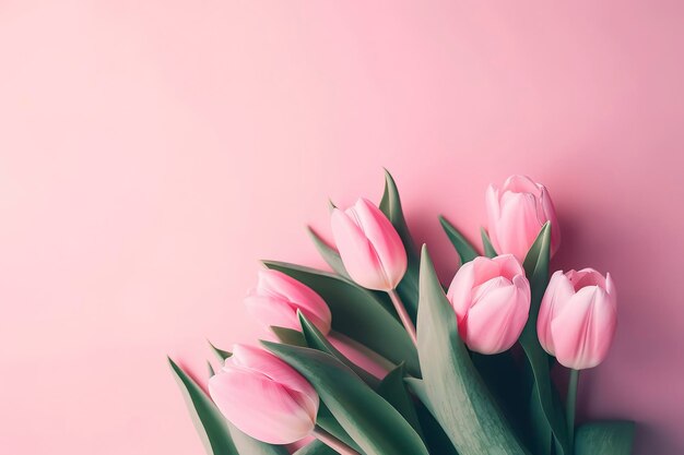 Generatieve AI Prachtige compositie lentebloemen Boeket roze tulpen bloemen op pastelroze achtergrond