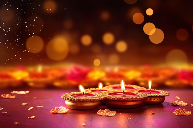 Generatieve AI Puthandu Diwali Hindoes achtergrond met goud ornament en bokeh achtergrond kleur voor Tamil Nieuwjaar viering kaart poster