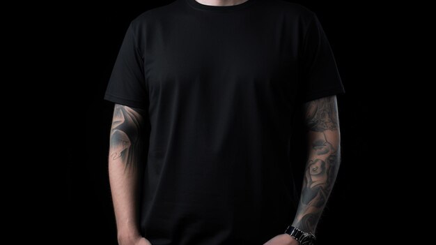 Generatieve AI Realistisch zwart T-shirt mock up blanco op jonge man copyspace gezet voor presentatie