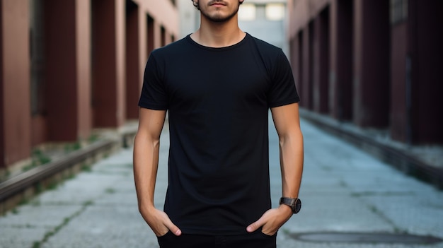 Generatieve AI Realistisch zwart T-shirt mock up blanco op jonge man vooraanzicht copyspace