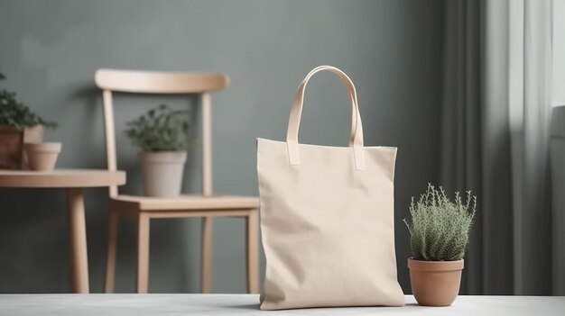 Generatieve AI Realistische beige draagtas van canvas stoffen tas in mock-up voor thuisinterieur