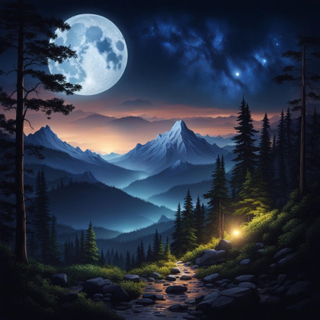 Foto generatieve ai realistische illustratie van bergwijzen's nachts met een prachtige bosatmosfeer