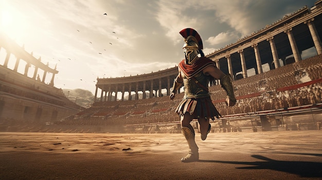 Generatieve AI Realistische illustratie van felle gladiator die rennende gepantserde Romeinse gladiator aanvalt