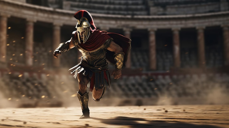 Foto generatieve ai realistische illustratie van felle gladiator die rennende gepantserde romeinse gladiator aanvalt