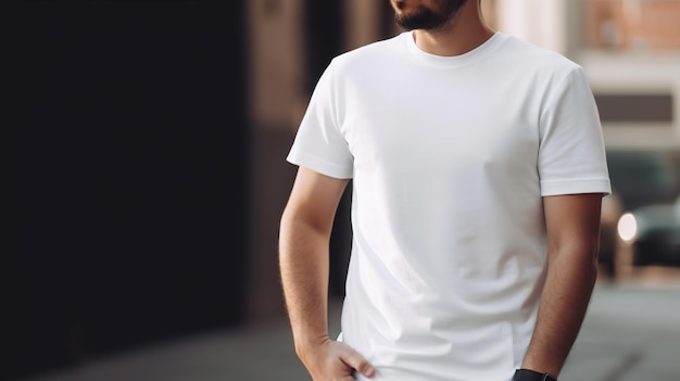 Generatieve AI Realistische witte T-shirt mock up blanco op jonge man copyspace