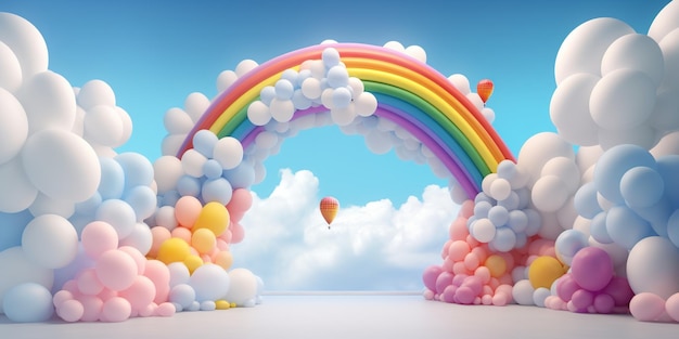 Generatieve AI regenboog en kleurrijke ballonnen verjaardagsfeest 3D achtergrond Mockup sjabloon