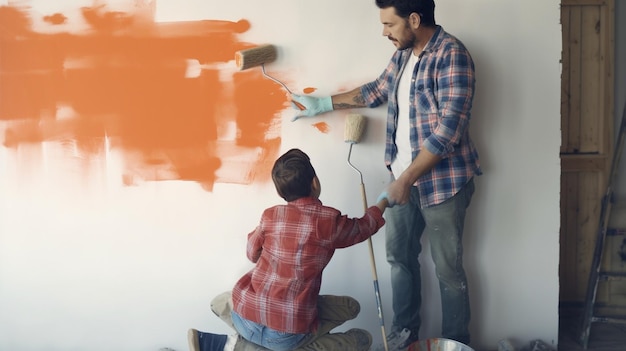 Generatieve AI Reparatie in het appartement Gelukkige familie moeder vader en kind dochter schildert de wand