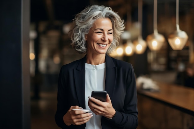 Generatieve AI Rijpe zakenvrouw die lacht en een mobiele telefoon gebruikt