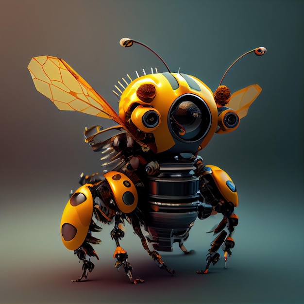 Generatieve ai robot cyborg bee concept blockchain en technologienetwerken geel mechanisch insect