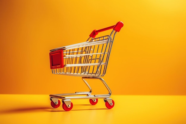 Generatieve AI rode metalen winkelwagentje op gele achtergrond minimalistische online winkel