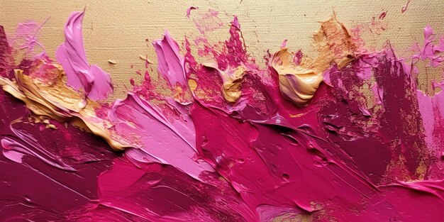 Generatieve AI Roze en gouden impasto abstracte schilderij viva magenta kleur achtergrond