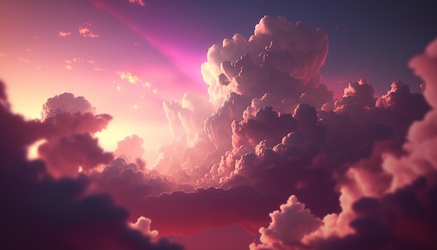 Generatieve AI Roze magenta fantastische wolkenlucht en landschap Zachte kleuren en met felle lichten
