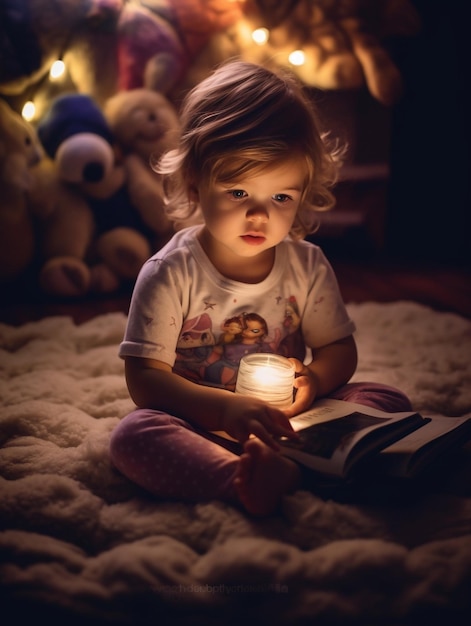 Generatieve AI schattig baby meisje dat thuis een boek leest
