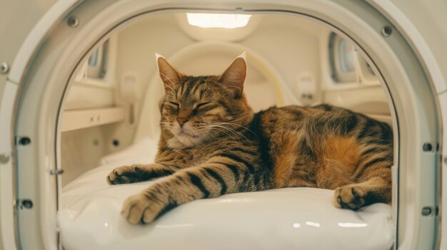 Generatieve AI schattige gelukkige kat op een gezellig bed in een gespecialiseerd huisdierenhotel