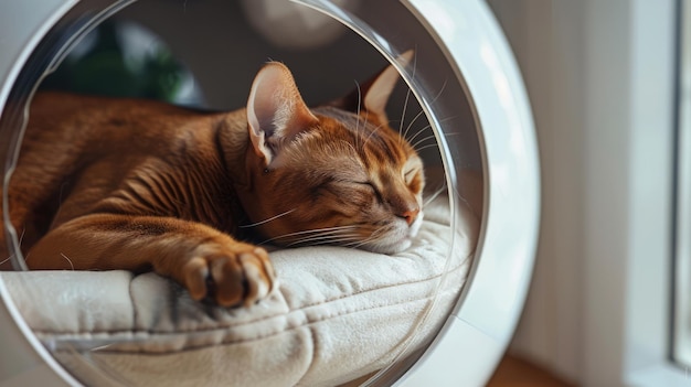 Generatieve AI schattige gelukkige kat op een gezellig bed in een gespecialiseerd huisdierenhotel
