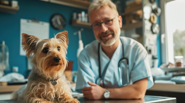 Foto generatieve ai schattige kleine hond wordt onderzocht door professionele dierenarts in de dierenkliniek