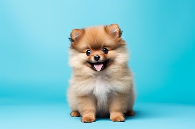 Generatieve AI Schattige kleine Pommeren hond op blauwe achtergrond in de studio