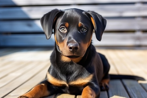 Generatieve AI Schattige kleine Rottweiler hond op blauwe achtergrond in de studio