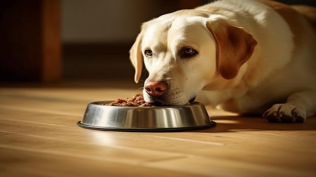 Generatieve AI schattige Labrador die droog voedsel uit de kom eet