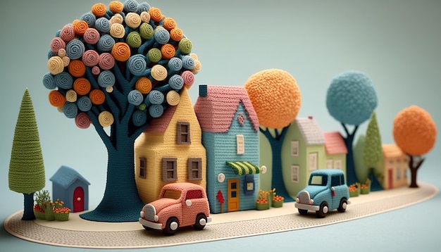 Generatieve ai schattige straat gemaakt van gehaakte huizen bomen wegauto's zachte kleuren dromerige scène stadsgezicht