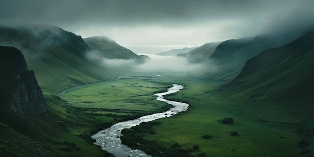 Generatieve AI schilderachtige groene heuvels in het prachtige natuurlandschap van de wolken