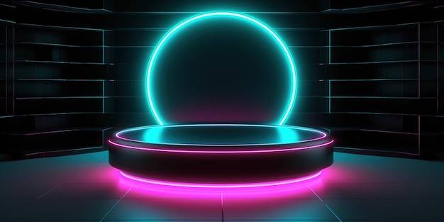 Generatieve AI SciFi Futuristische neon gloeiende banner met podium Abstracte cyberpunkachtergrond