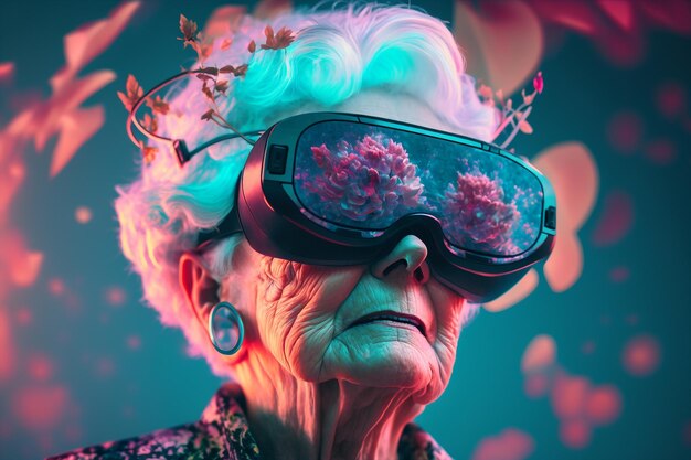 Generatieve ai senior vrouw met behulp van 3D vr-bril