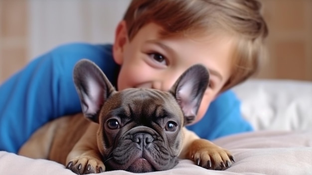 Generatieve AI Smile Boy in slaapkamer met schattige Franse Bulldog