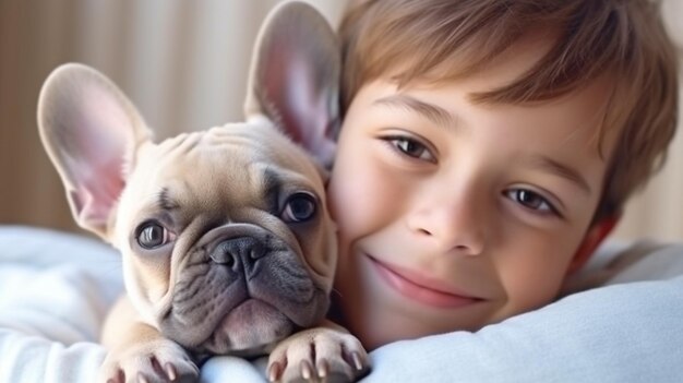 Generatieve AI Smile Boy in slaapkamer met schattige Franse Bulldog