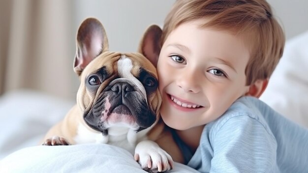 Generatieve AI Smile Boy in slaapkamer met schattige Franse Bulldog