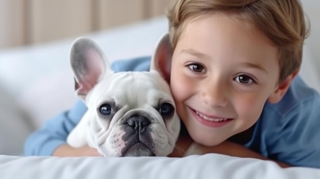 Generatieve AI Smile Boy in slaapkamer met schattige Franse Bulldog