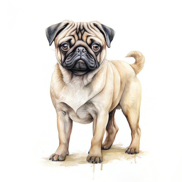 Foto generatieve ai speelse mopshond een schattige aquarel hond op een witte achtergrond