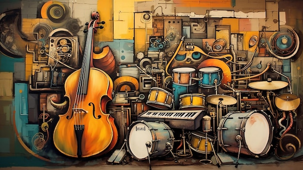 Generatieve AI Straatkunst met sleutels en silhouetten van muziekinstrumenten Inkt kleurrijke graffitikunst