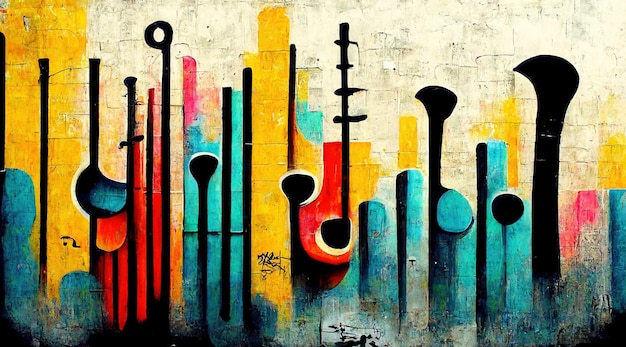 Generatieve AI Straatkunst met sleutels en silhouetten van muziekinstrumenten Inkt kleurrijke graffitikunst