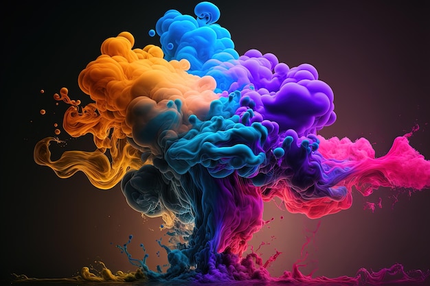 Generatieve AI Stromende kleurrijke vloeistof en rook met spatten Heldere vloeistofbanner