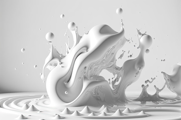 Generatieve AI Stromende vloeistof met spatten in witte kleur Glanzende roommelkvloeistofbanner 3D