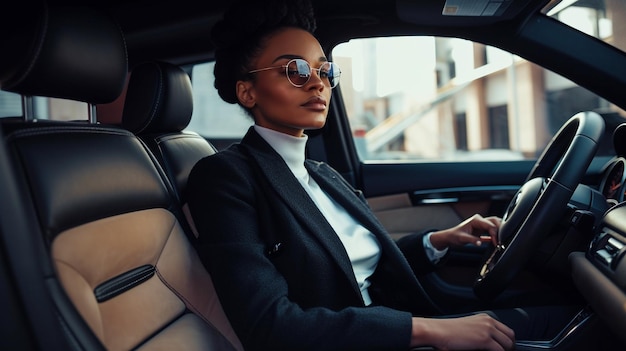 Generatieve AI succesvolle zwarte vrouw in een pak zittend in een mooi lederen auto-interieur
