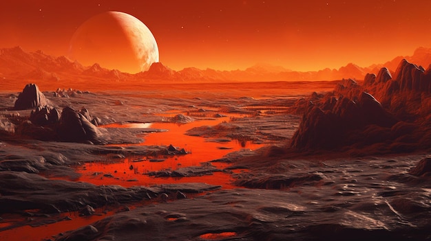 Generatieve AI Surrealistisch uitzicht vanaf het oranje planeetlandschap scifi illustratie rood mars terrein