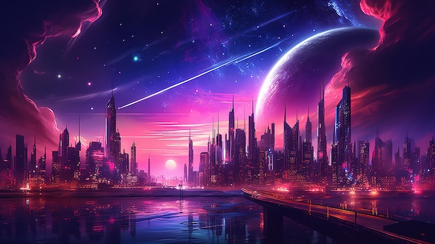 Generatieve AI Synthwave-stijl van een futuristisch stadslandschap met neonlichten en hemelrood en paars