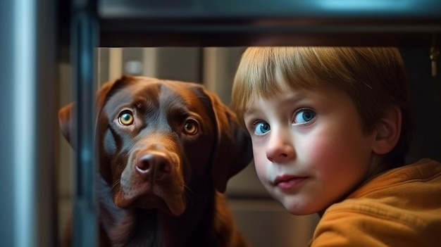 Generatieve AI toont een klein kind en een schattige Labrador Retriever die thuis in hun koelkast naar eten zoeken