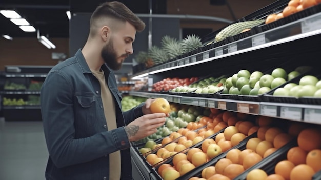 Generatieve AI toont een knappe man die voedzaam eten en drinken koopt in een moderne supermarkt of kruidenierswinkel