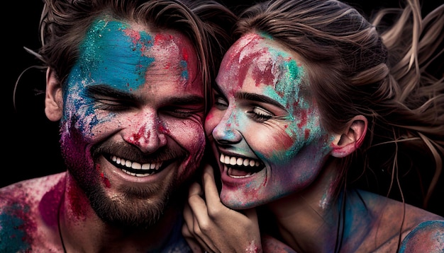 Generatieve AI toont een man en enkele dames die lachen en plezier hebben met hun gezichten en haar bedekt met verf en kleurrijke poeders in de stijl van het Holi-festival