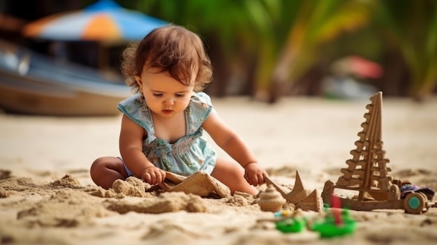 Generatieve AI toont een schattige baby die met speelgoed speelt op een prachtig strand